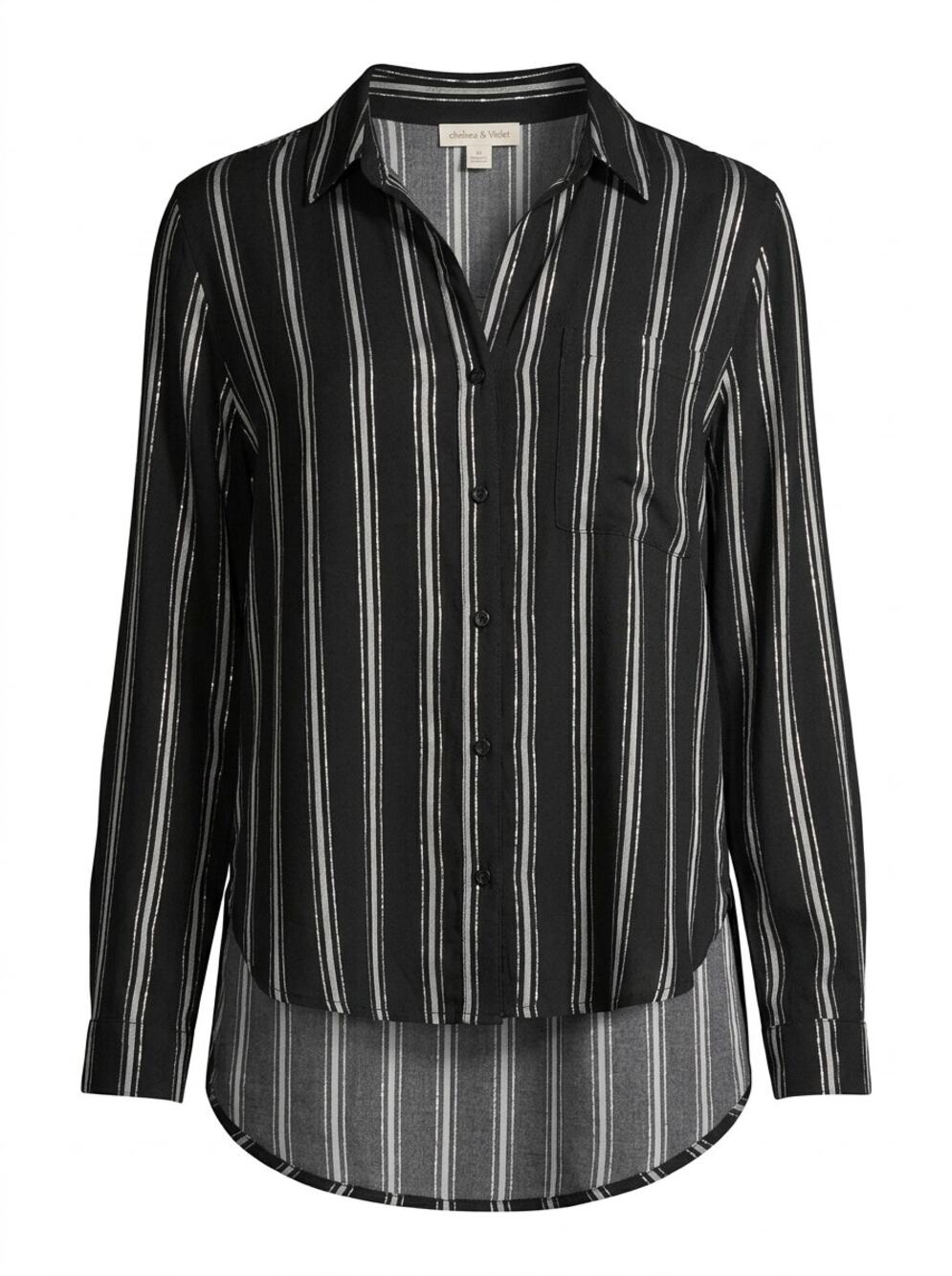 Chelsea & Violet Black Striped Lurex Metallic High-Low Blouse Women Size L